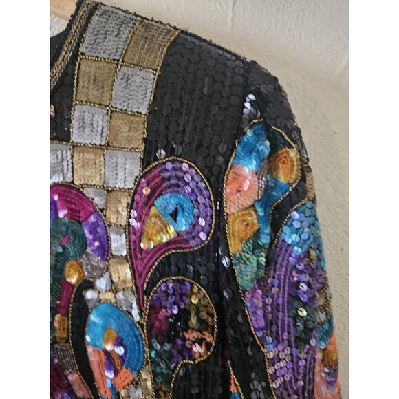 Vintage Albert Paul Beaded Sequined Colorful Silk Jacket L Party Cocktail Cowgir - Picture 3 of 7